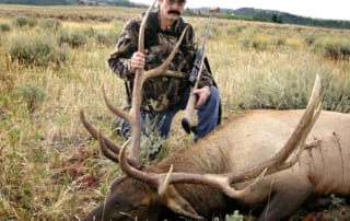 man posing with elk and horns