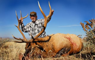 man posing with elk and horns