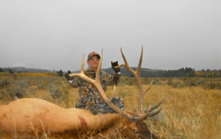 man posing with elk and horns