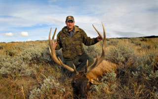 man posing with elk and horns