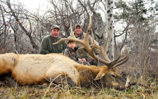 three men posing with elk and horns