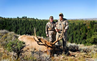 man & woman posing with elk and horns