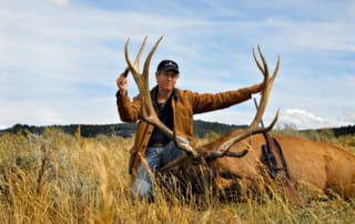 man posing with elk and horns