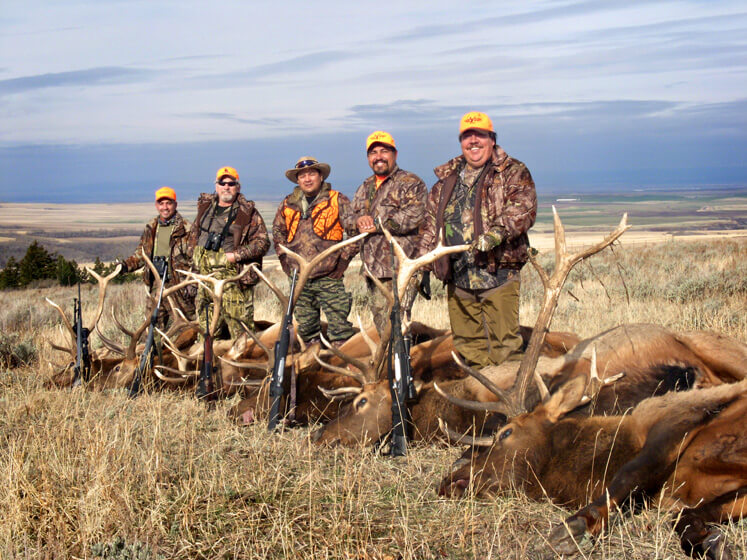 group of men standing with elk