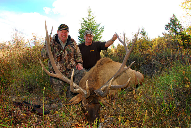 two men posing with an elk and horns