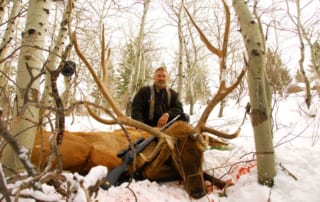 man posing with an elk and horns