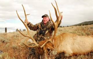 man posing with an elk and horns