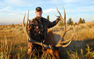 man posing with an elk and horns