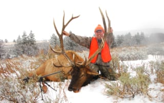 man posing with an elk and horns