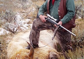 man posing with a buffalo