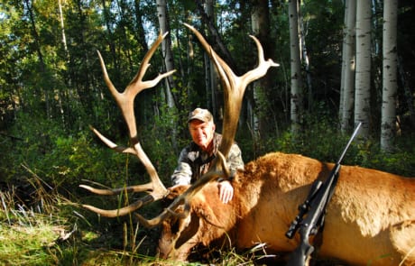 man posing with an elk and horns