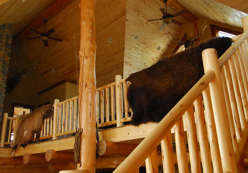 lodge interior - second floor railing with pelts