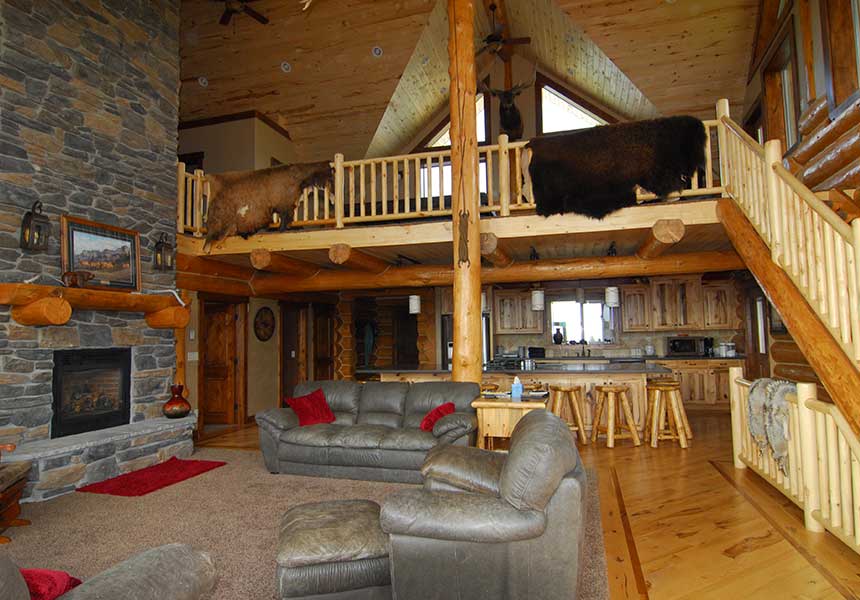 lodge interior living room and kitchen