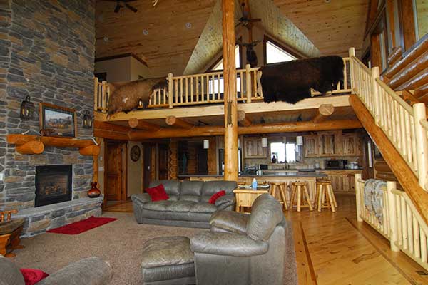 lodge interior living room and kitchen