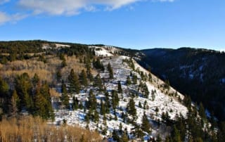 aerial view of snowy hills and forests