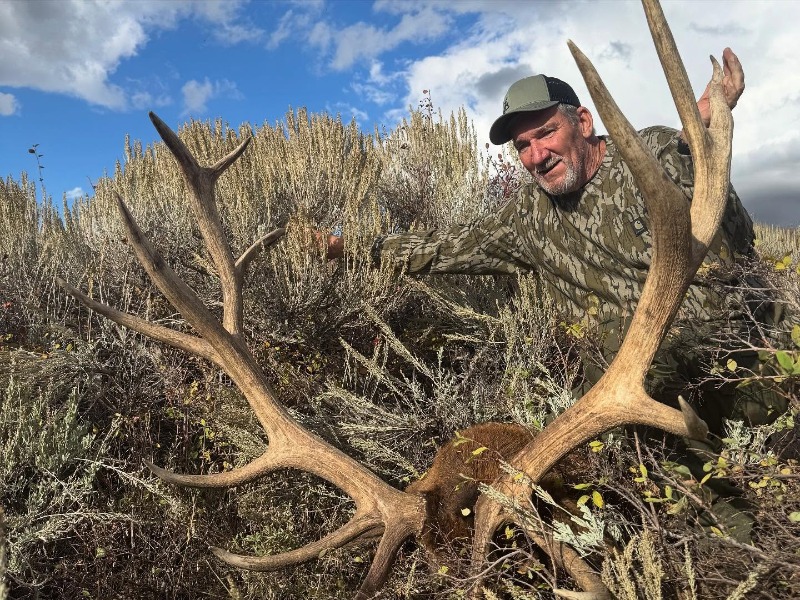 Elk Hunting Ranches: A seasoned elk hunter smiles while admiring the antlers of a massive bull elk in the Idaho mountains.
