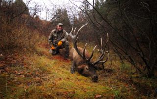 A hunter posing with a trophy elk on a private land hunt in Idaho